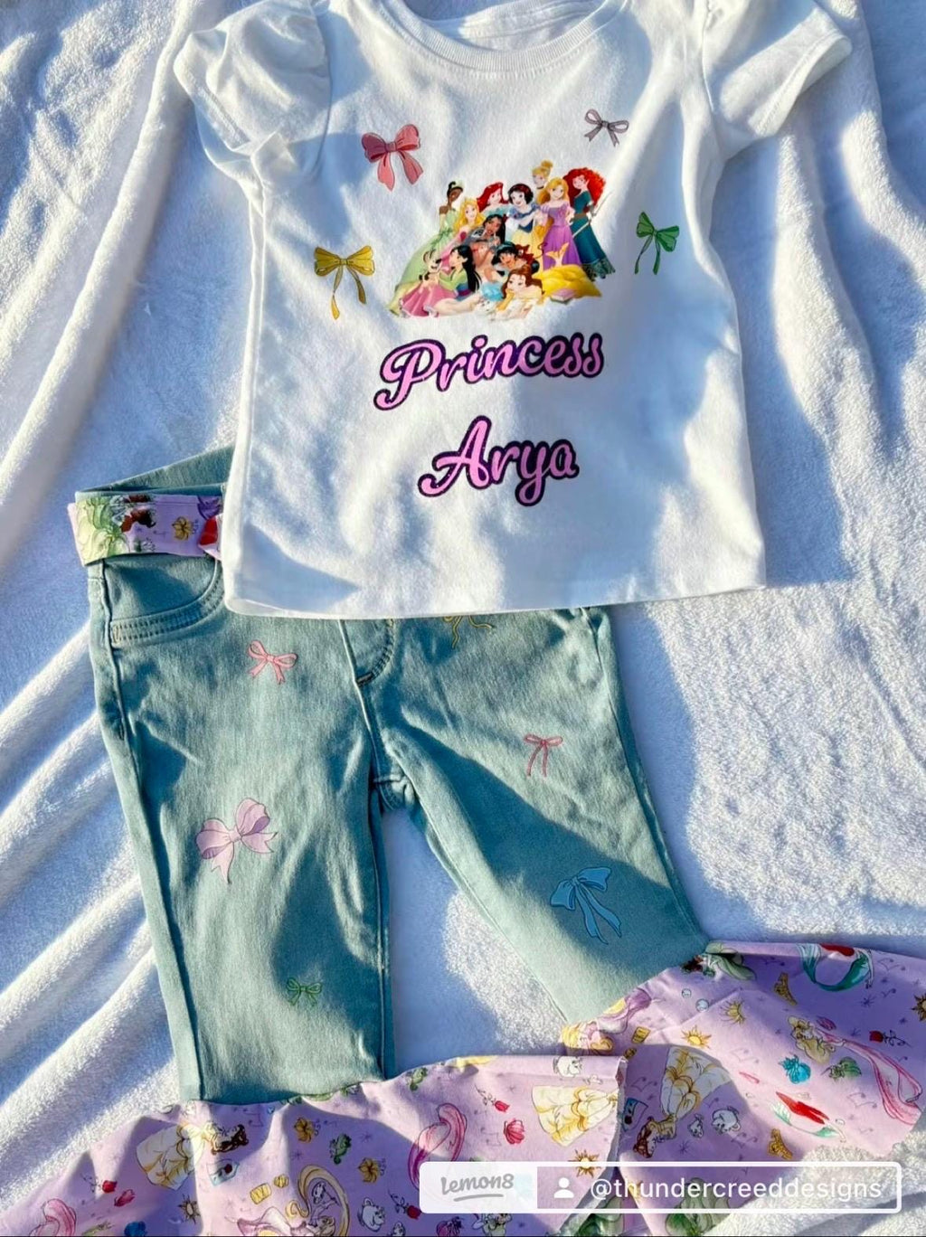 Custom Princess Bell Bottom Jeans, Toddler Girl Flare Pants, Themed Fabric Outfit