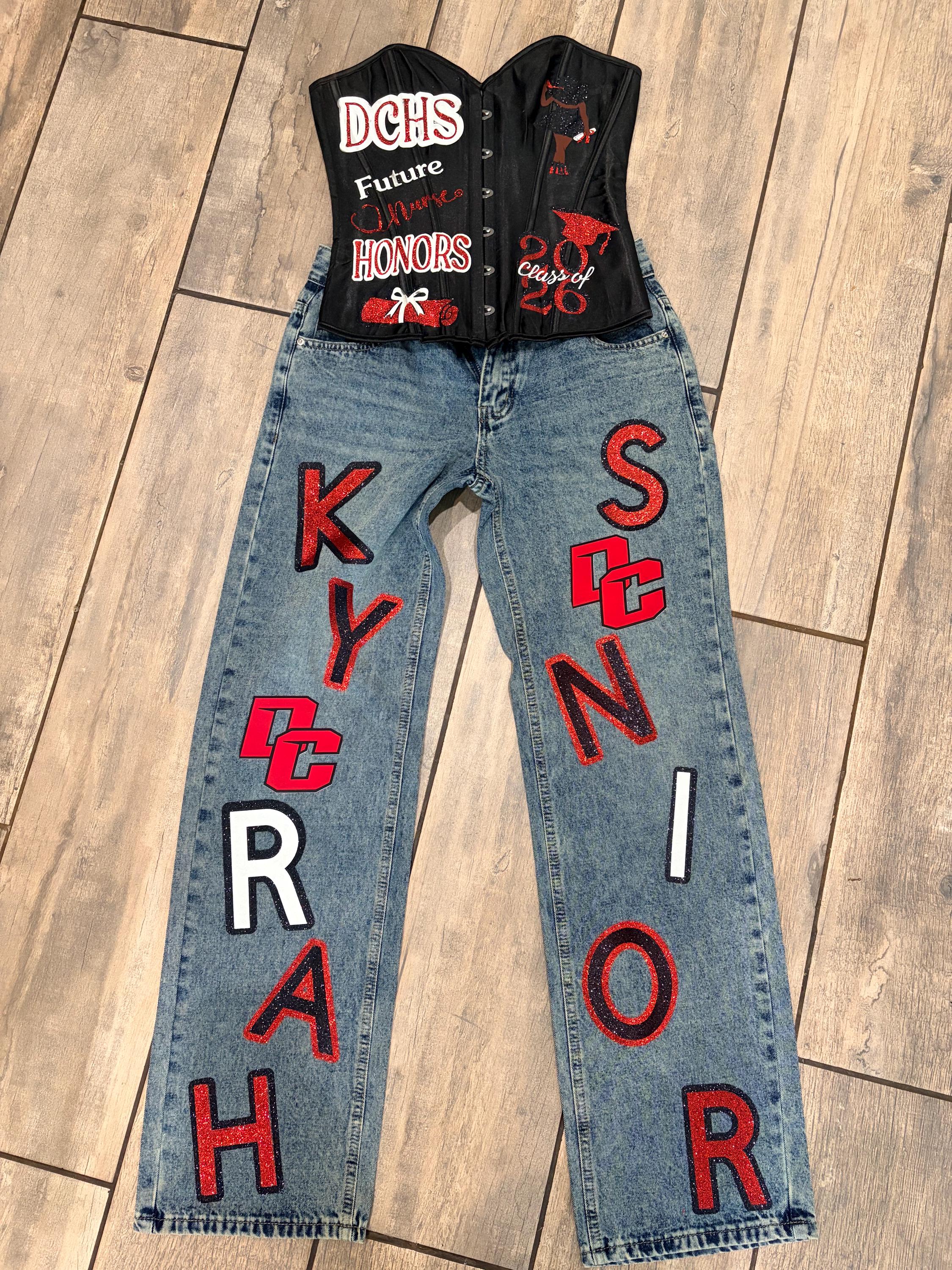 Custom Senior Corset and Jeans, Graduation Photoshoot Outfit